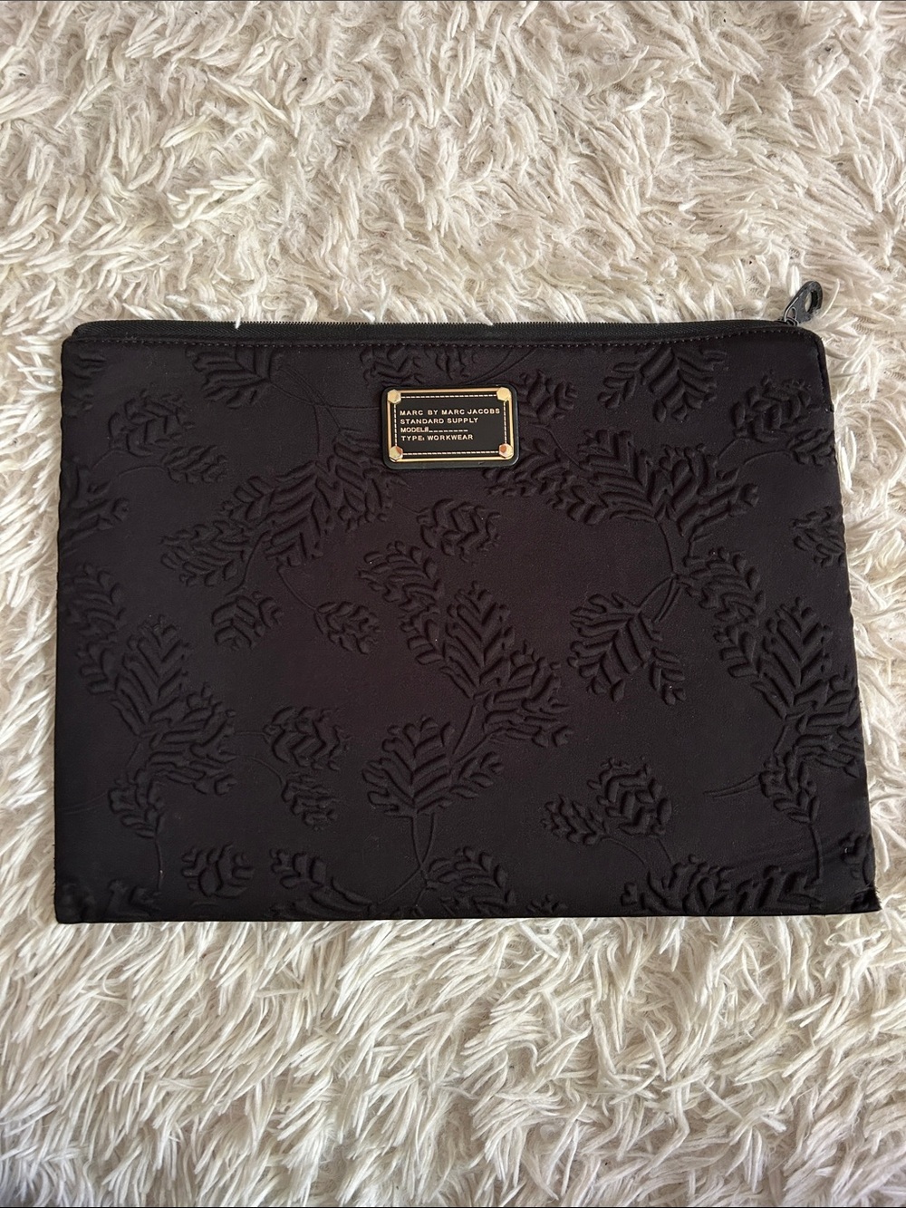 Marc by Marc Jacobs Black Embossed Floral Zip Laptop Pouch Soft Case Logo Plaque